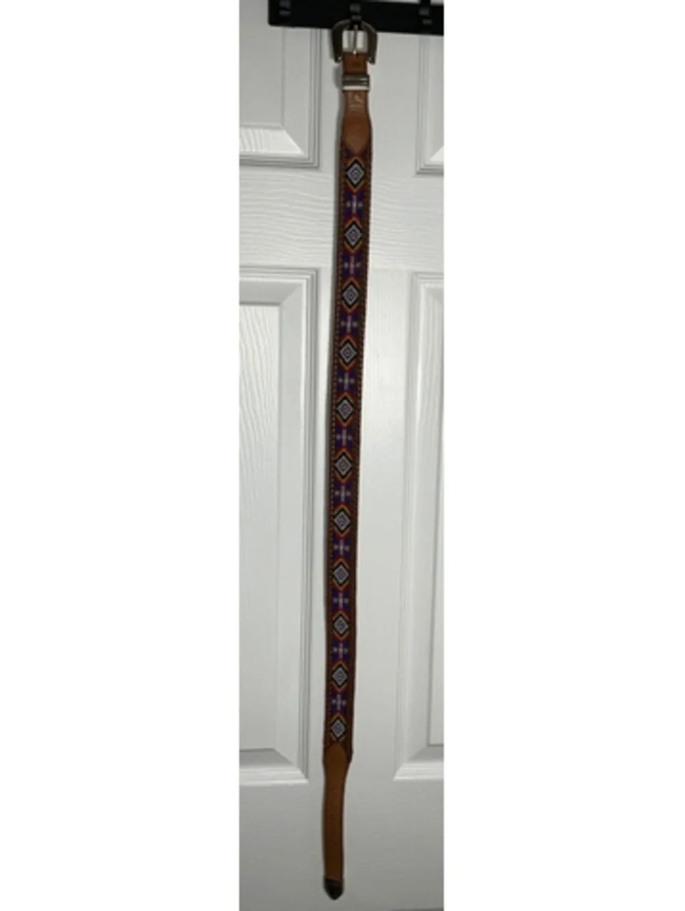 Handcrafted Brown Leather Belt with Colorful Beaded Pattern and Silver Buckle